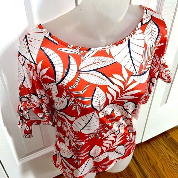 Floral Print Orange White Leaf Summer Palm Top Blouse Short Wrapper Small S NWT - Picture 7 of 9